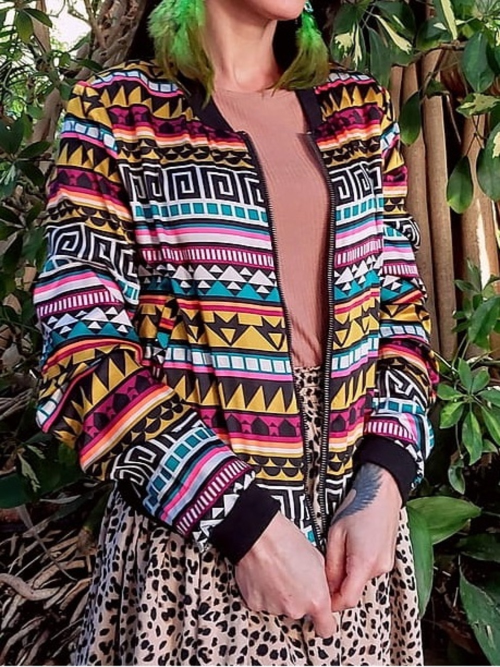 Multicolor Tribal Print Bomber Jacket - Women's